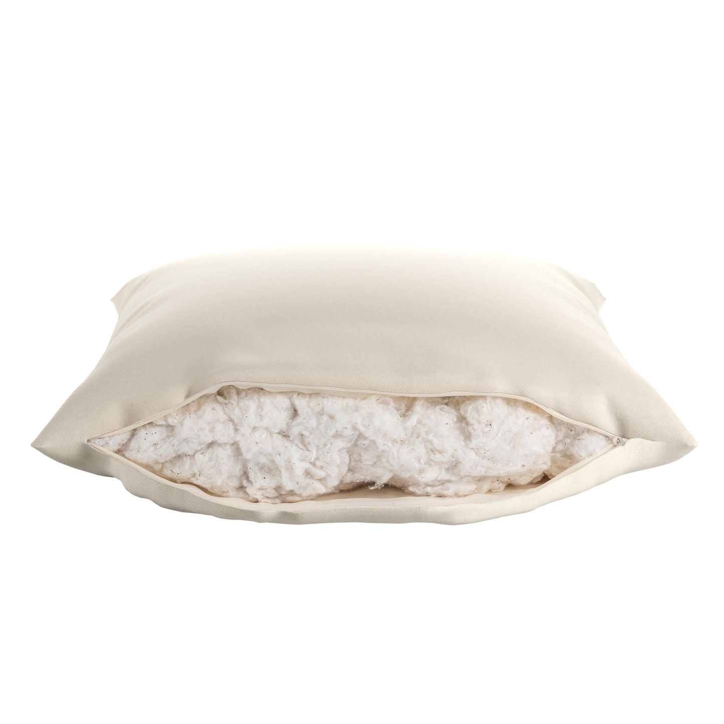 Natural white square pillow on a white background. Cover zipper open showing cotton inside.