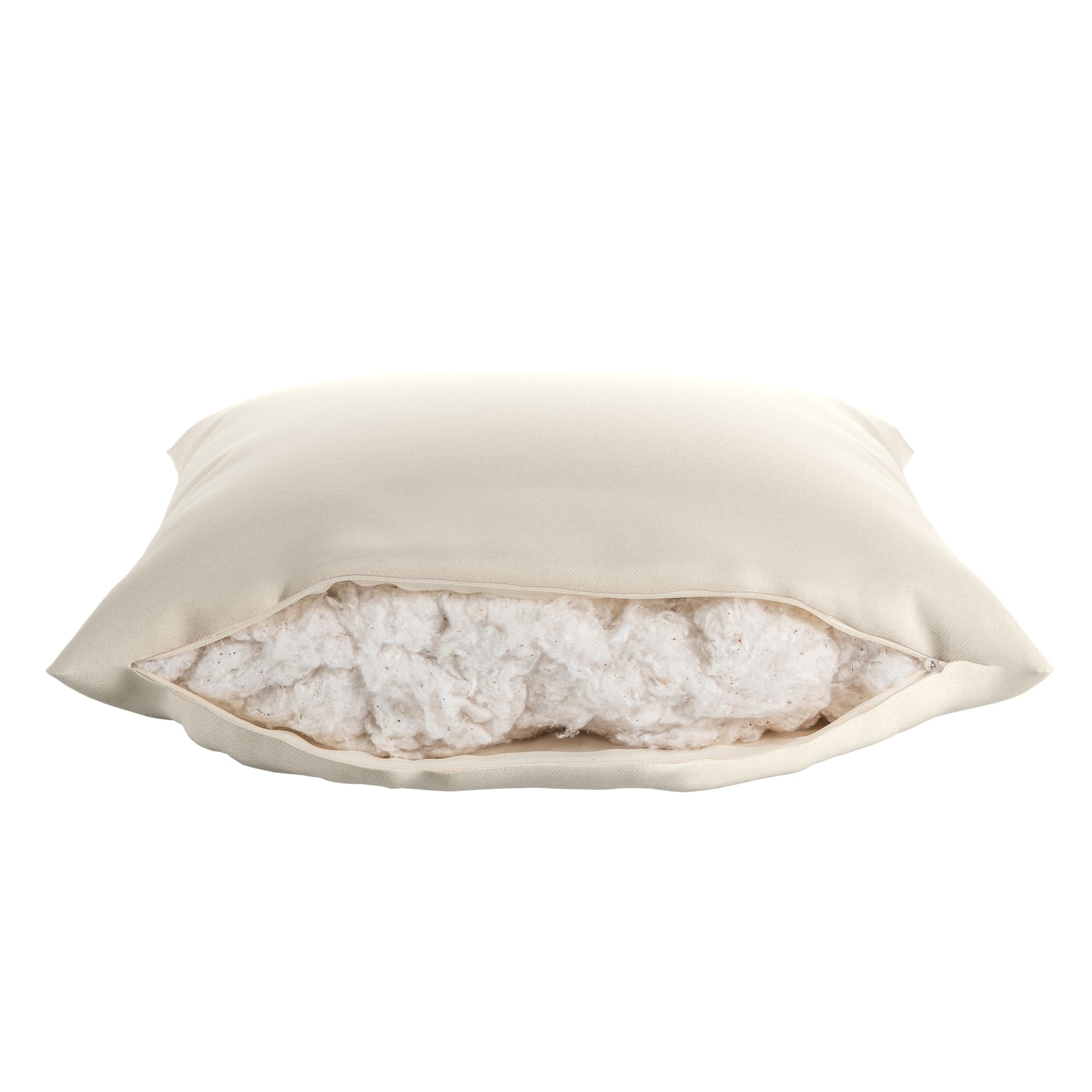 Natural white square pillow on a white background. Cover zipper open showing cotton inside.
