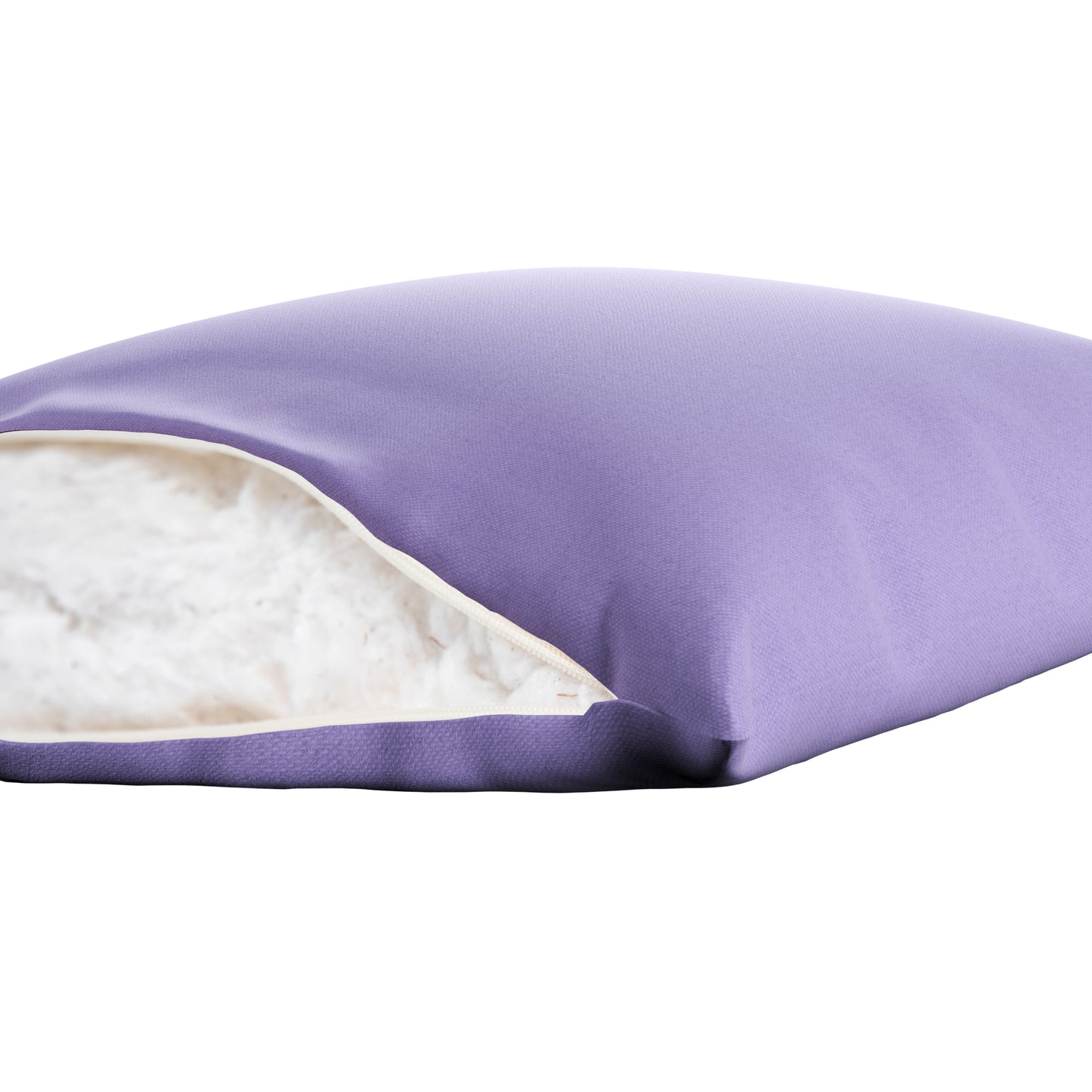 Lavender purple square pillow on a white background. Zipper open showing cotton inside.