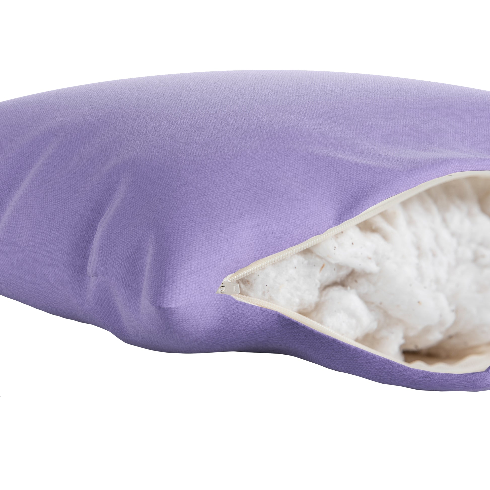 Lavender purple square pillow on a white background. Zipper open showing cotton inside.