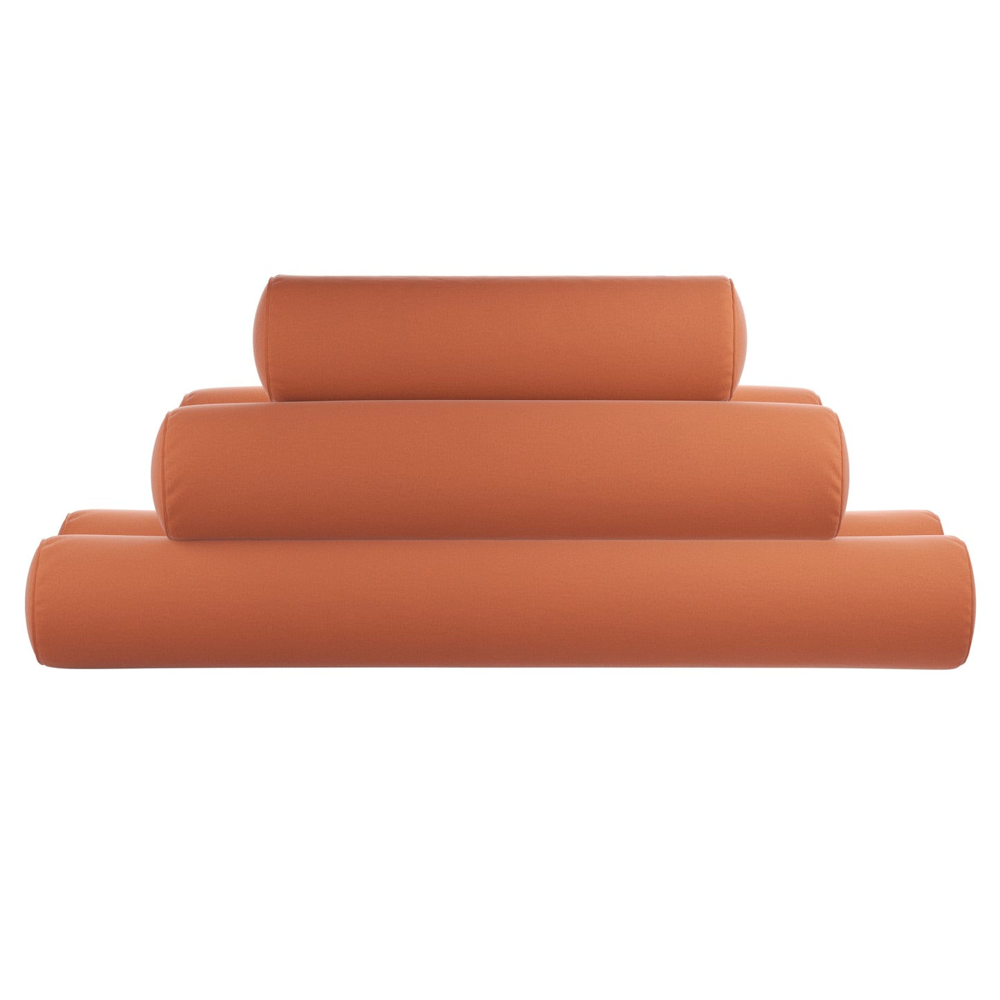 Burnt orange bolster pillows stacked on a white background. 