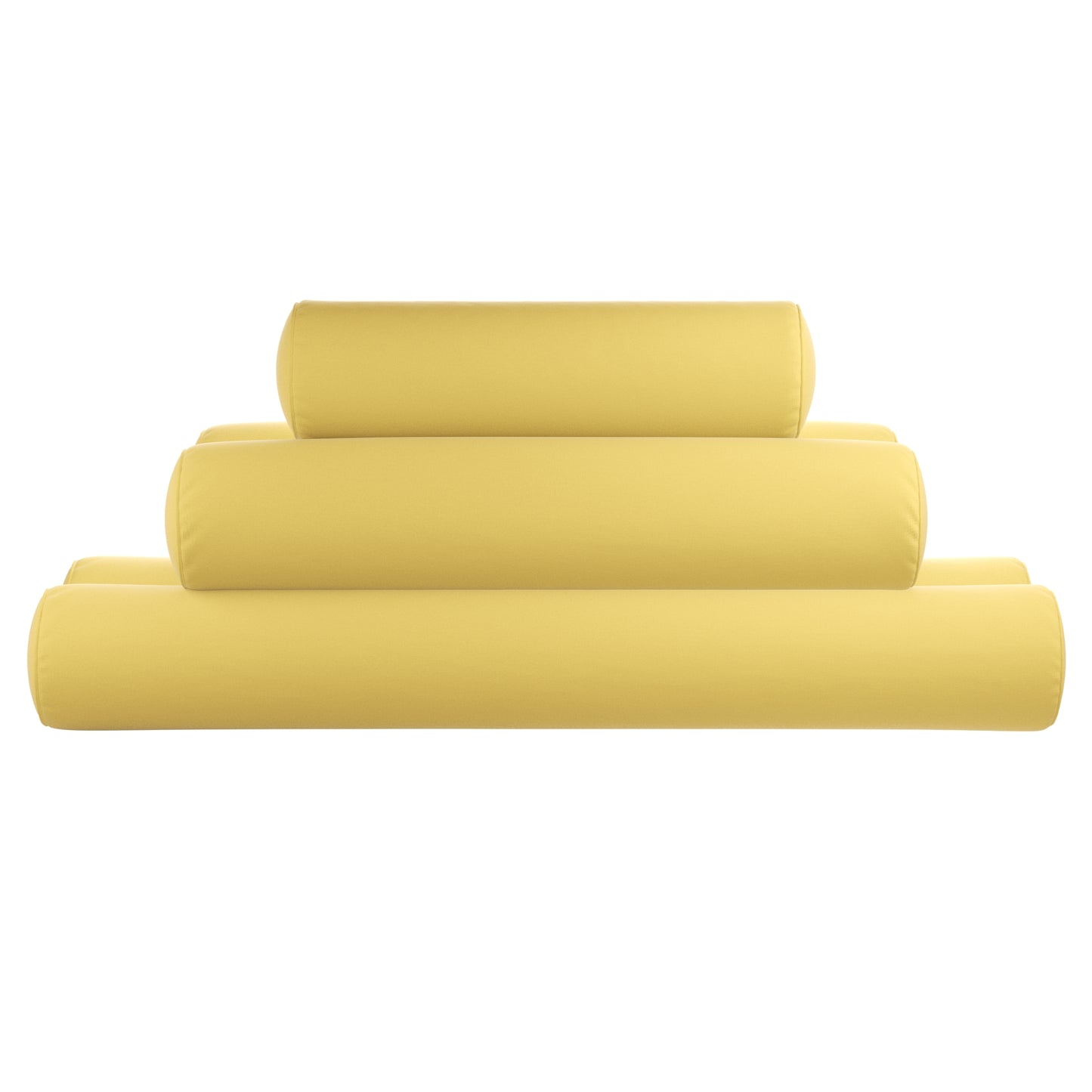 Yellow bolster pillows stacked on a white background. 