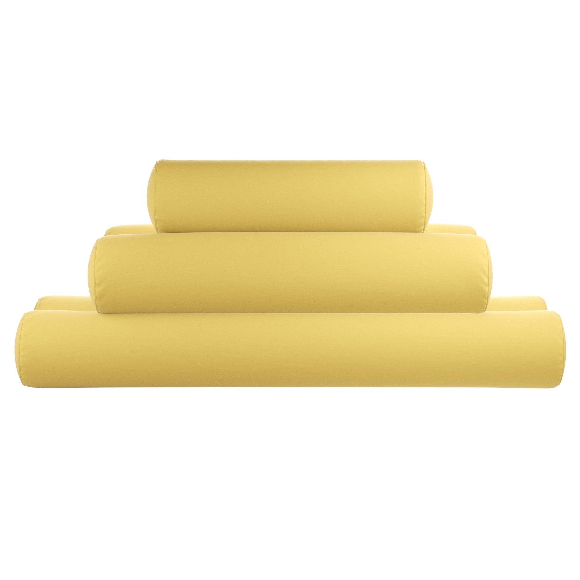Yellow bolster pillows stacked on a white background. 