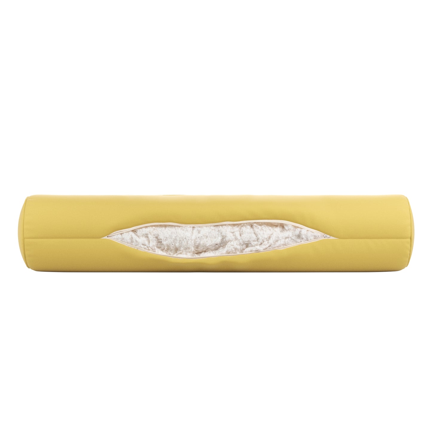Yellow bolster pillow on a white background. Zipper open showing cotton inside.