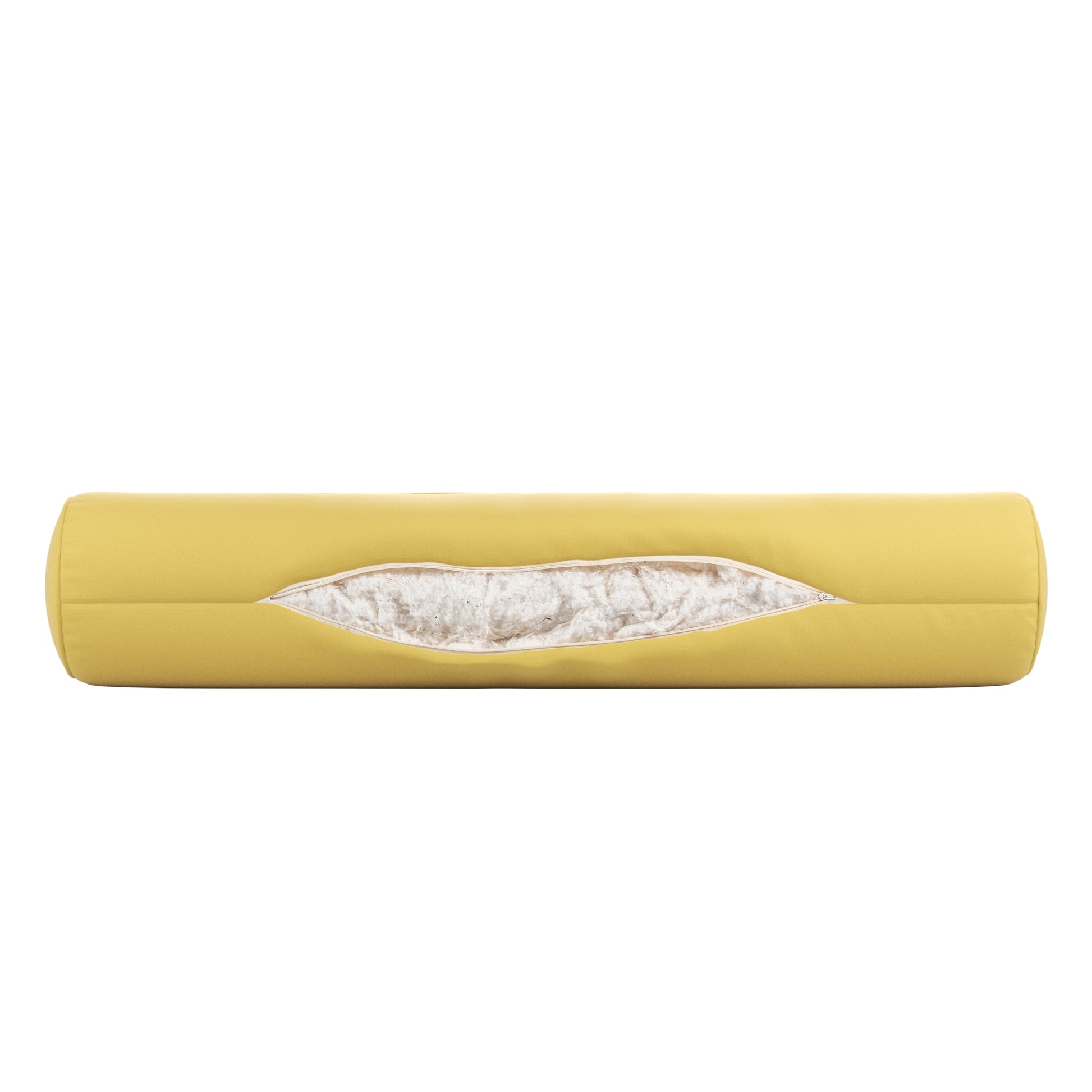 Yellow bolster pillow on a white background. Zipper open showing cotton inside.