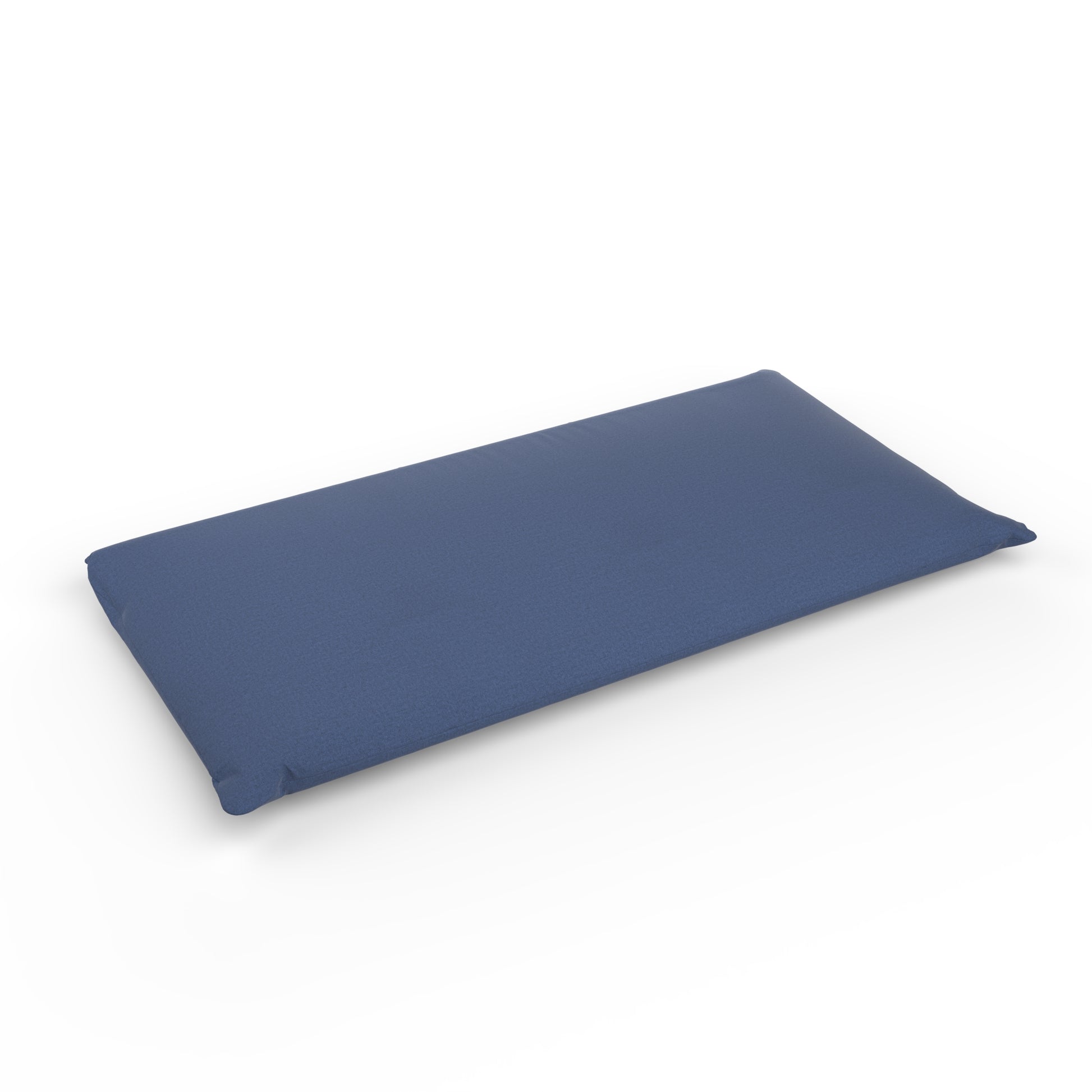 Futon with a denim blue cover on a white background.