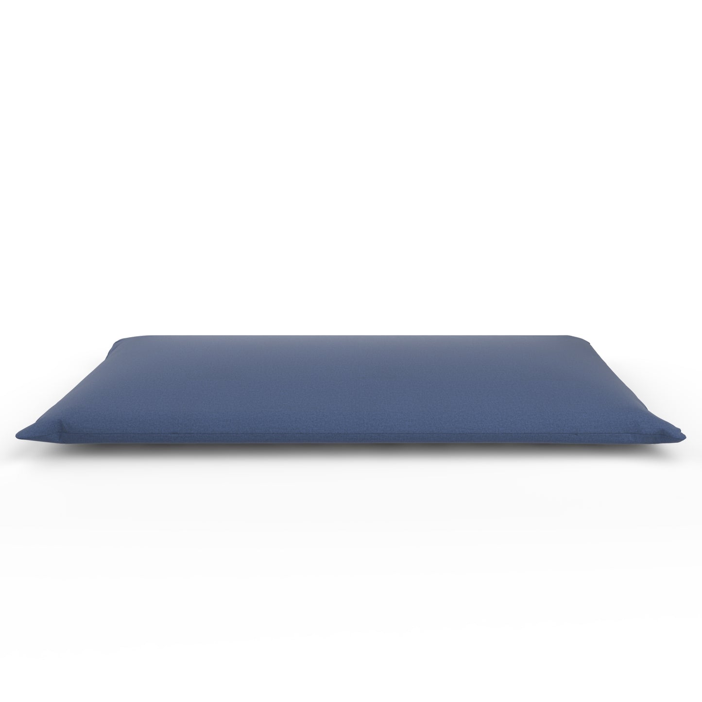 Futon with a denim blue cover on a white background.