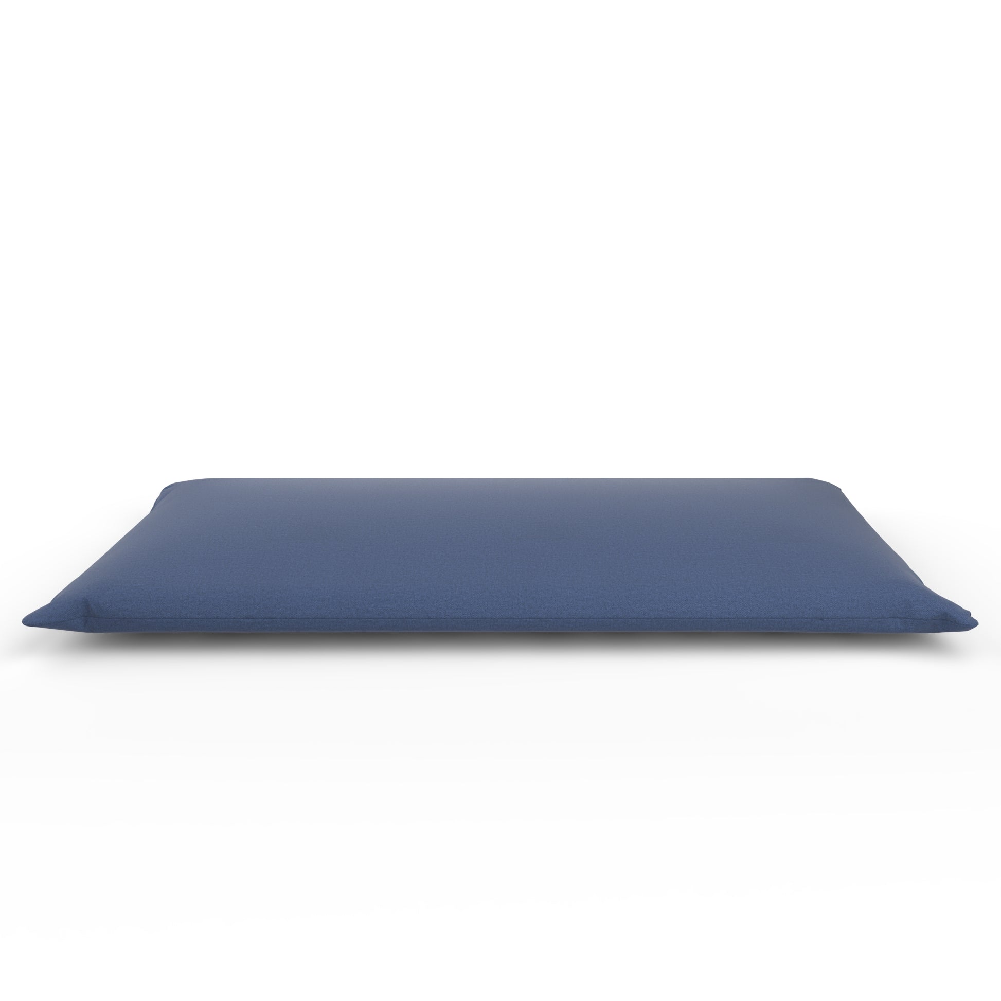Futon with a denim blue cover on a white background.