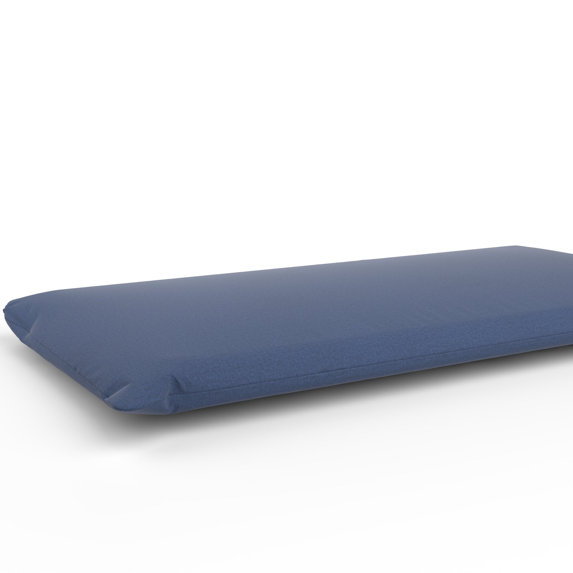 Futon with a denim blue cover on a white background.