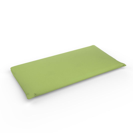 Futon with a light green cover with a white background.