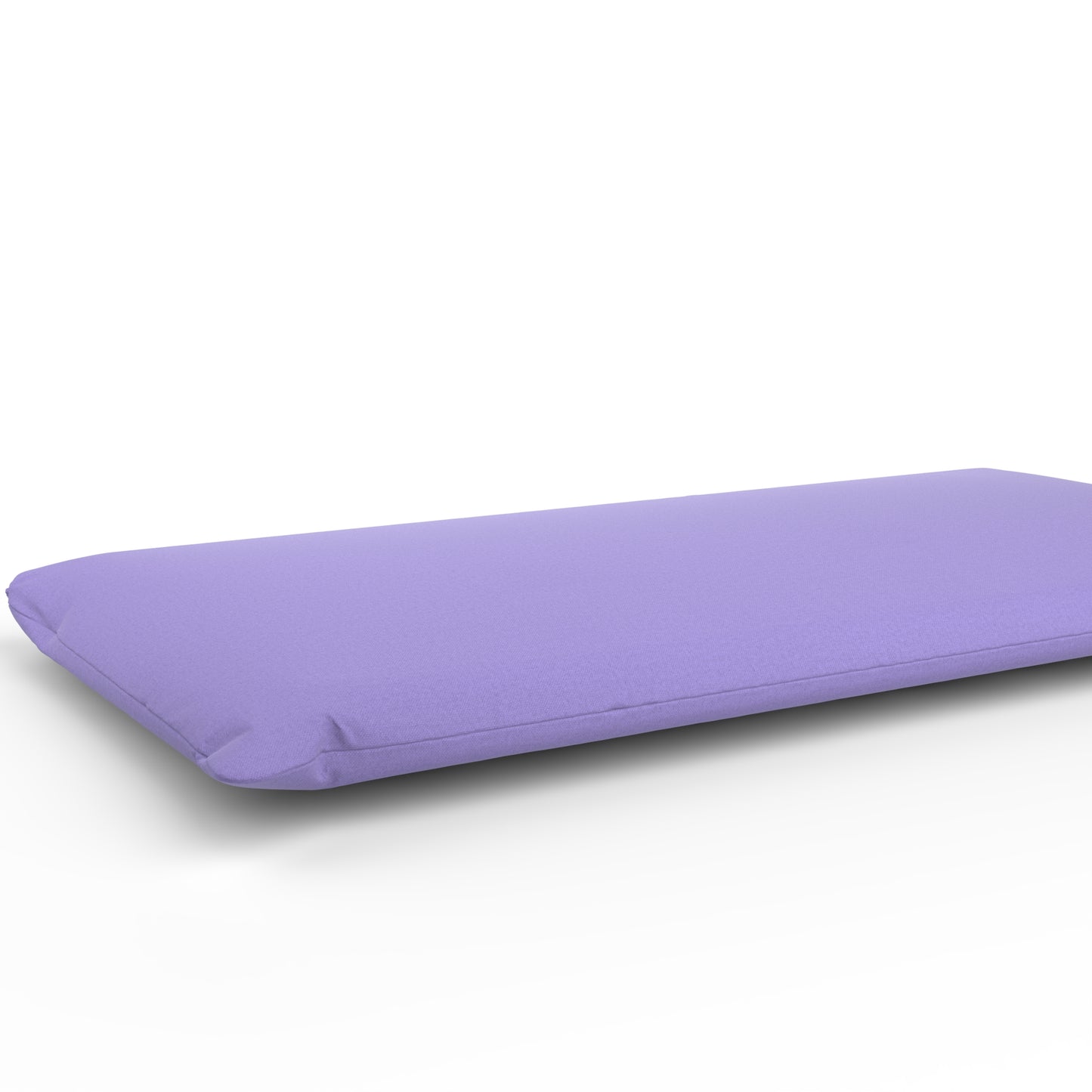 Futon with a lavender purple cover on a white background.